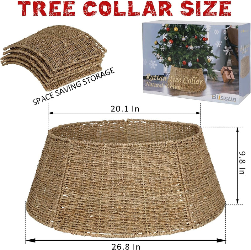 Blissun Christmas Tree Collar, 26.8" Rattan Farmhouse Christmas Tree Ring, Natural Woven Rustic Christmas Tree Skirt (Nature, X-Large)