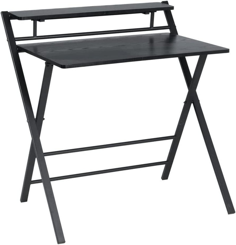 Furniturer 32.1'' Folding Desk, 2 Tier Foldable Writing Table Assembled Saves Space for Home Office Study, Metal Frames/Wood Top Laptop Table Computer Desk, Black