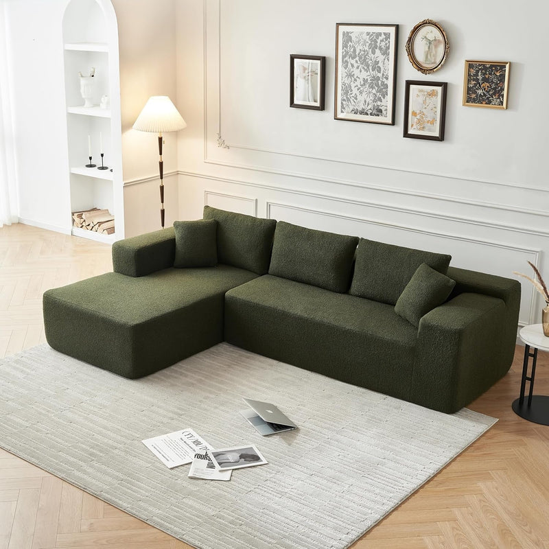 104'' Modular Sectional Couch, Lambwool Sherpa Fabric Corner Sofa, Comfy Upholstered L-Shape Sectional Sofa with Chaise Lounge, 5 Seater Cloud Sofa for Living Room, Bedroom, Apartment, Green