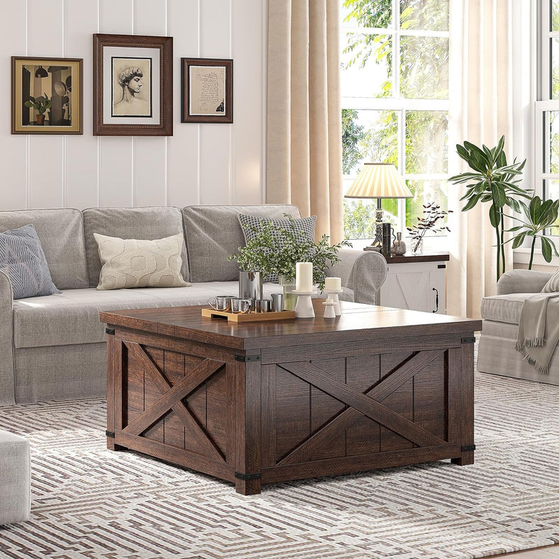 Enhomee 35.6" W Farmhouse Coffee Table with Large Hidden Storage Compartment Lift Top Coffee Table Wood Square Coffee Table for Living Room Center Table for Home, Brown