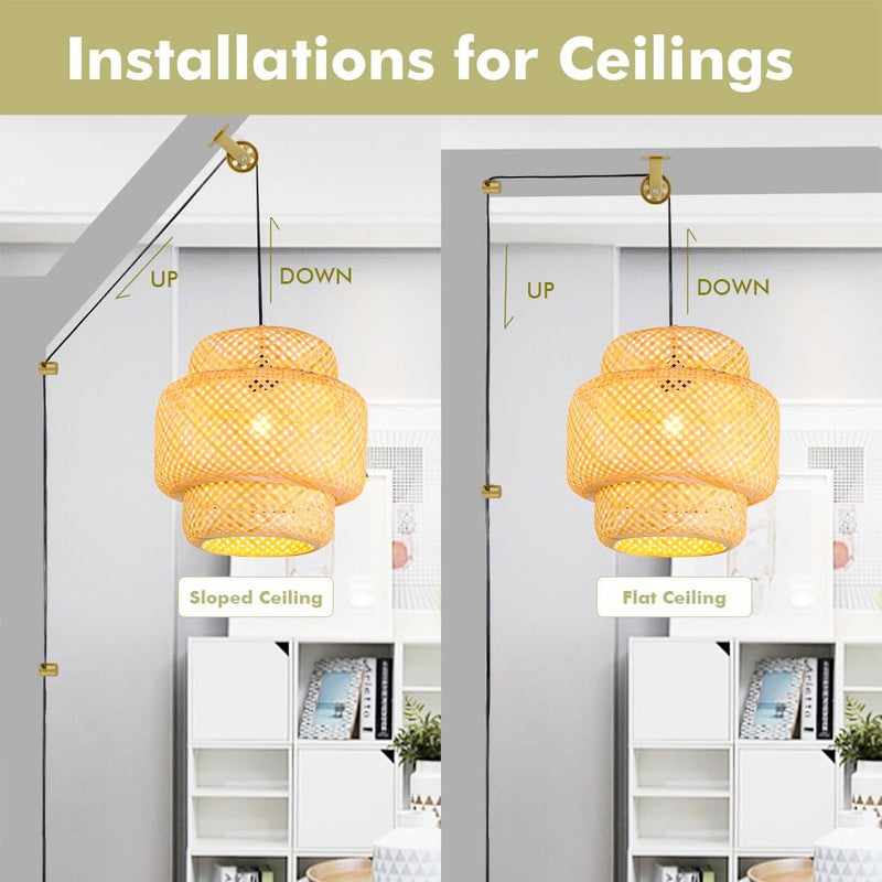 Gold Pulley Wheels Set of 2 for Plug in Pendant Light Fixture, Swag Hook for Pendant Lighting Chandelier Ceiling Lights Cable, Wall Ceiling Mount Pulley Lamp Hooks for Hanging Lamp Ceiling (2 Pack)