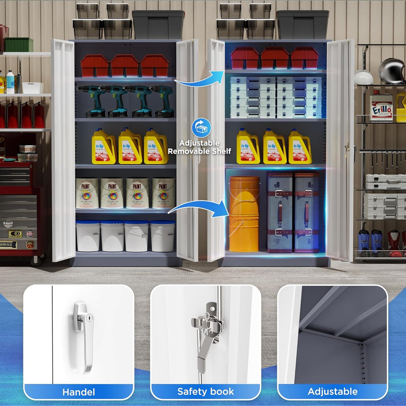 Greenvelly Metal Garage Storage Cabinet, 72” Steel Locking Storage Cabinet with 2 Doors and 4 Adjustable Shelves, Metal Tool Cabinets, Lockable File Cabinets for Home Office, Garage (Gray White)