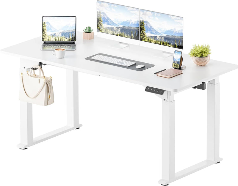 Electric Standing Desk 4 Legs, 63 X 28 Inches Height Adjustable Table with Strong Dual Motor, Computer Workstation with Memory Preset for Home Office, White