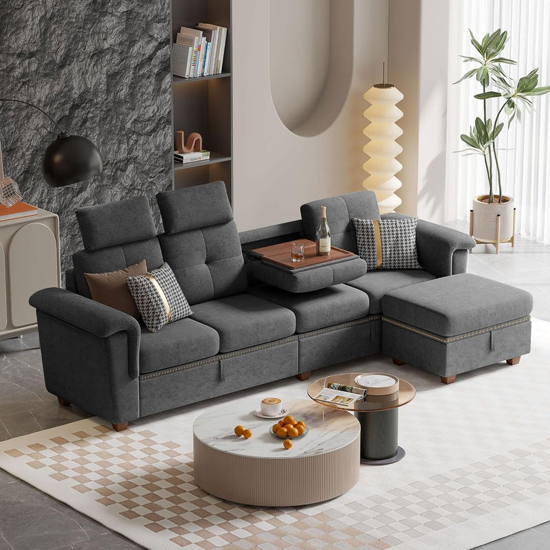 Convertible Sectional Sofa with Storage, 4 Seat L Shaped Couch with Chaise and Cup Holder, Modern Microfiber Fabric Sofas Couches for Living Room, Dark Coffee