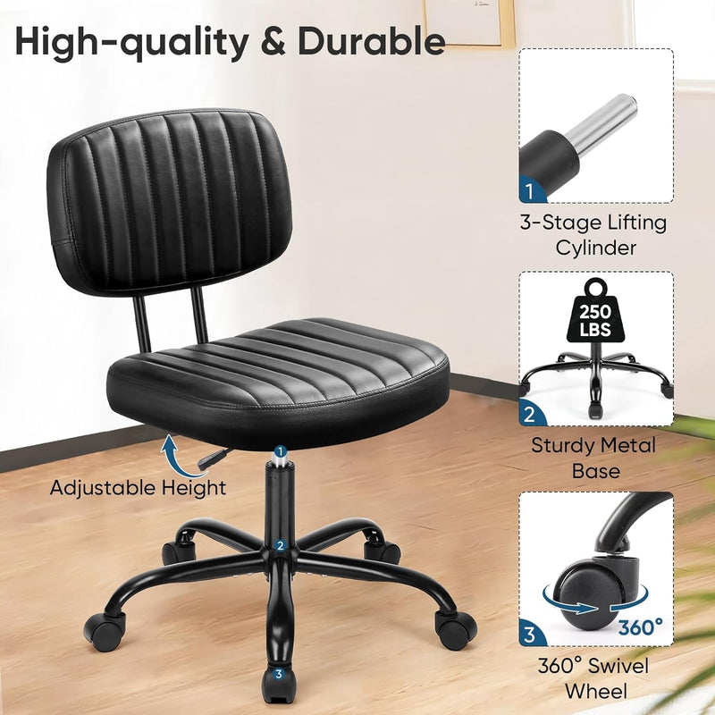 DUMOS Armless Home Office Desk Chair Ergonomic with Low Back Lumbar Support, Height Adjustable PU Leather Computer Task with 360° Swivel Rolling Wheels, for Small Space, Black