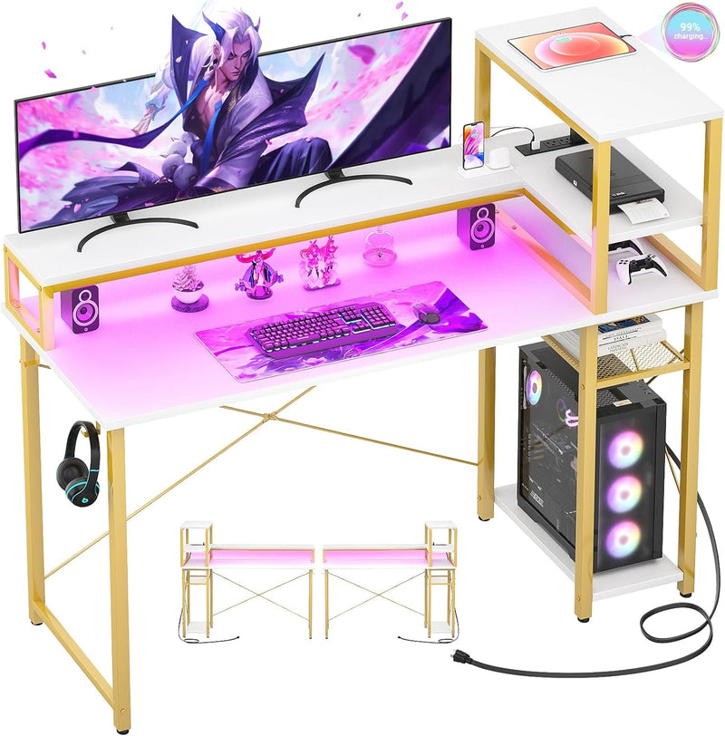 Cyclysio Gaming Desk 39", Computer Desk with Reversible Storage Shelves, Home Office Desk with Power Outlets & RGB Led Lights, Small Desk for Gaming, Studying, Working Black