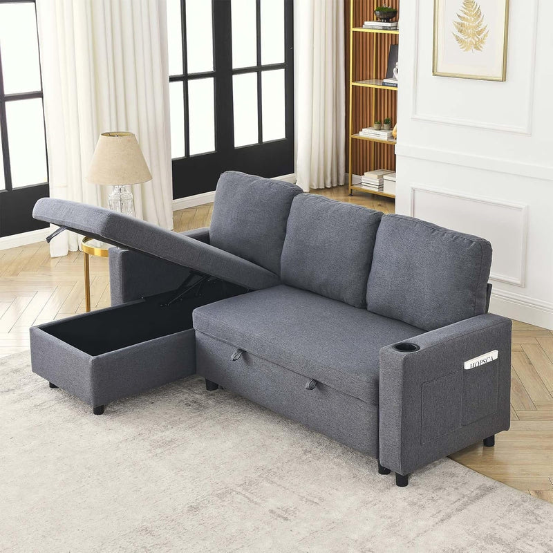 Antetek Reversible Sectional Sofa Couch with Pull-Out Bed, Modern Linen L-Shaped Sleeper Sofa Bed with Storage Chaise/Cup Holder/Side Pocket, Furniture Set for Living Room, Small Space, Dark Grey