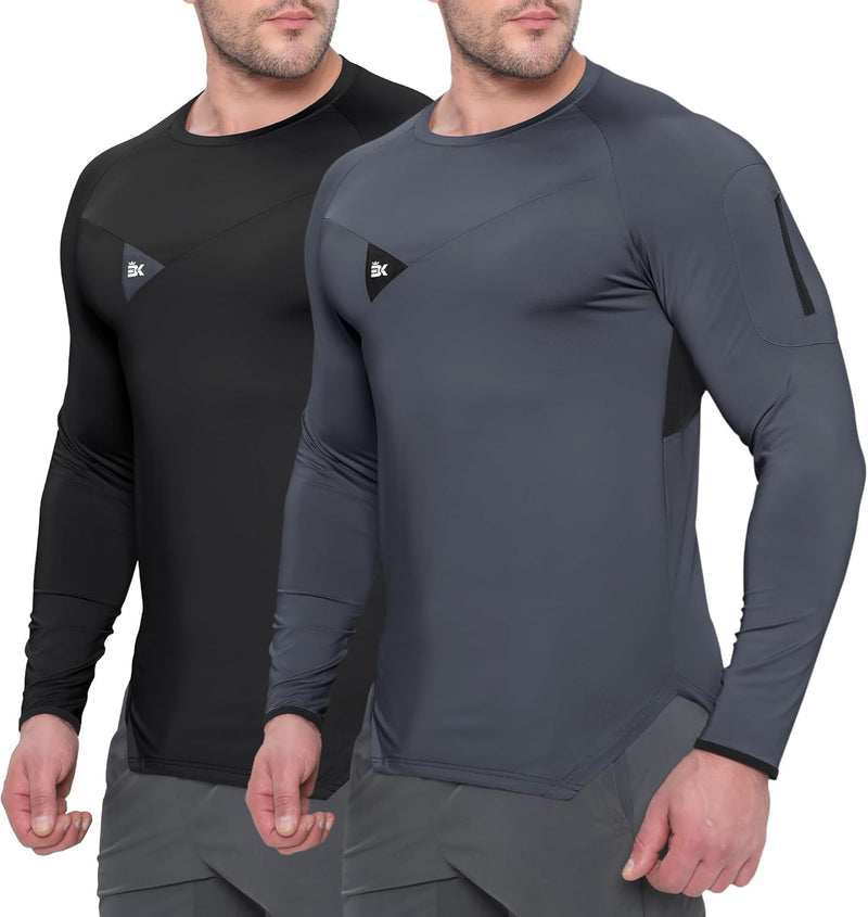 BROKIG Men'S Armzip Long Sleeve Running Shirts Quick Dry Sun Protection UV UPF 50+ Jogging T Shirts Zip Pocket Gym Workout