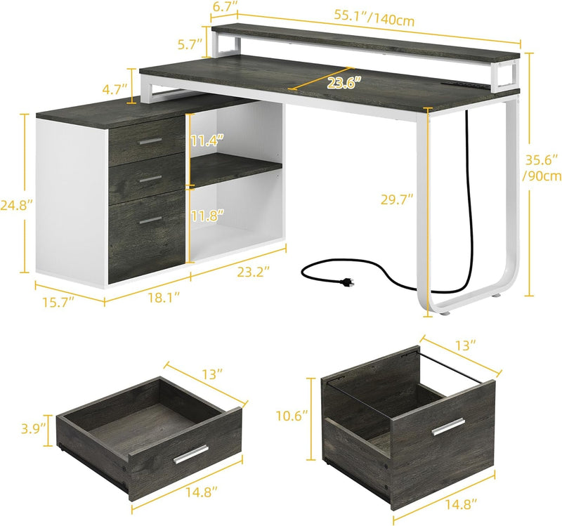 DWVO L Shaped Desk with Drawers, 55" Corner Computer Desk with Power Outlets & LED Lights, Home Office Desk with File Cabinet, Grey & White