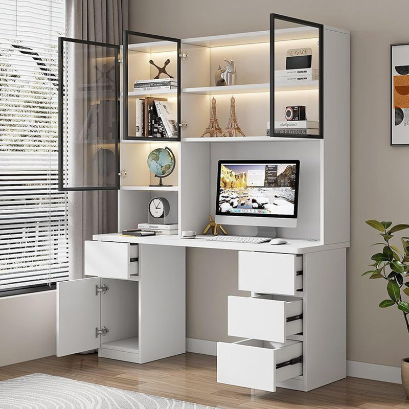 Home Office Desk with Drawers, Computer Desk with Glass Door Modern Study Writing Desk Compact Office Desk & Workstation(100Cm, White)