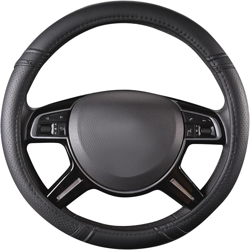 Car Pass Classical Leather Automotive Universal Steering Wheel Covers,Universal Fit for Suvs,Trucks,Sedans,Cars,Vans,14.5-15Inch Anti-Slip Safety Comfortable Desgin(Black)