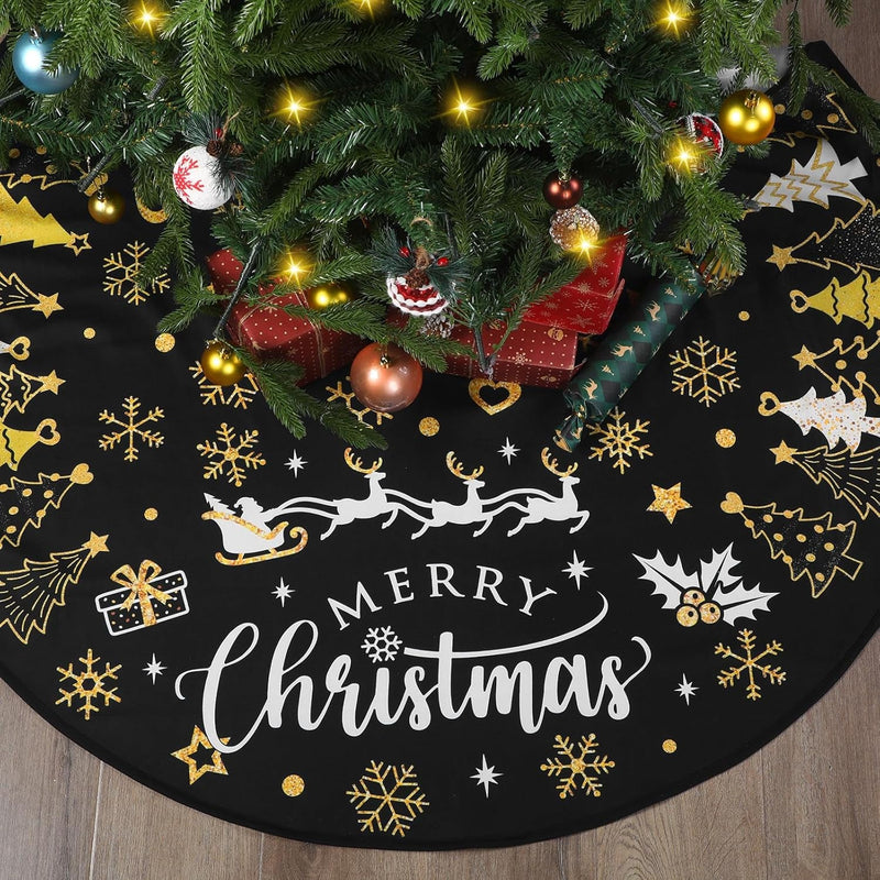 Capoda Christmas Tree Skirt 48 Inch Short Plush Xmas Tree Mat Merry Christmas Tree Collar for Winter Holiday Home Room Christmas Tree Decorations Supplies(Black Gold)