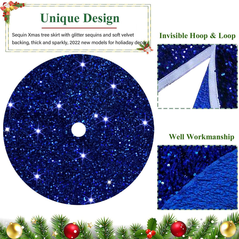 46 Inch Sequin Tree Skirt Christmas Royal Blue Velvet Tree Mat Xmas Tree Cover for Christmas Tree Decorations Rustic Fall Tree Dress Skirt Halloween Thanksgiving Ornaments