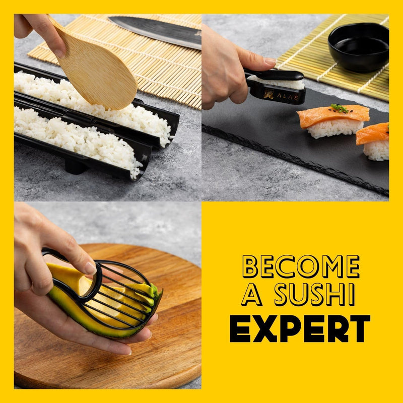 Alas Sushi Making Kit- Complete Sushi Making Kit for Beginners & Pros Sushi Makers, Perfect Sushi Making Kitchen Accessories like Sushi Knife, 2 Sushi Mats, Rice Bazooka, Dipping Plate, & More (Black)