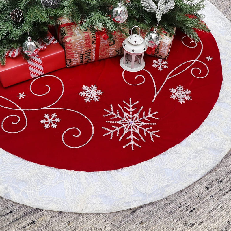 Christmas Tree Skirt, 32 Inch Red Velvet Tree Skirt with Embroidered Snowflakes Sequins White Trim Border, Holiday Party Tree Decoration