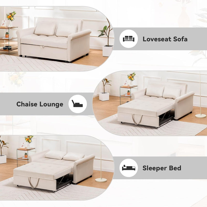 COMHOMA 55" Sleeper Sofa Bed, 3-In-1 Pull Out Couch with Adjustable Backrest and Pillows, Convertible Sleeper Couch for Living Room and Office (White)