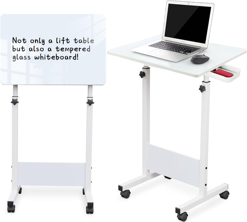 Adjustable Height Standing Desk, Writable Tempered Glass Desktop with Eraser, 360° Flip, Wheels – Ideal for Small Spaces and Home Offices, 24 In, White(Adjustable Height: 32-47 In)
