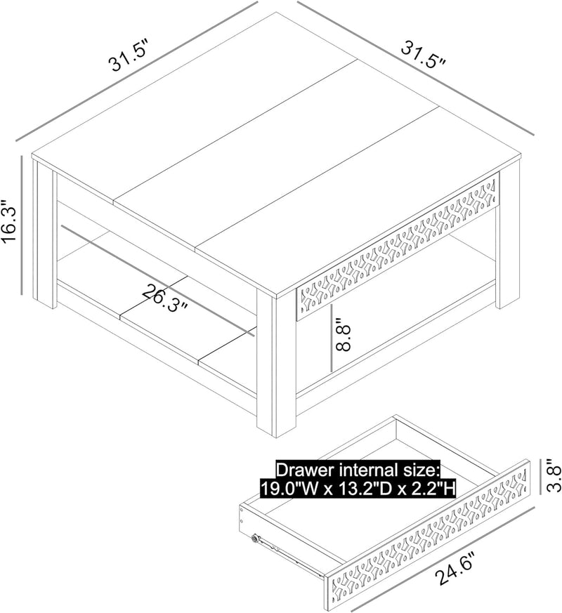 Galano Japtur Coffee Table, Modern Top Rectangular Coffee Table with Storage Drawer, 2 Tier Center Table for Living Room, Office, Balcony, 31.5" D X 31.5" W X 16.34" H, Knotty Oak