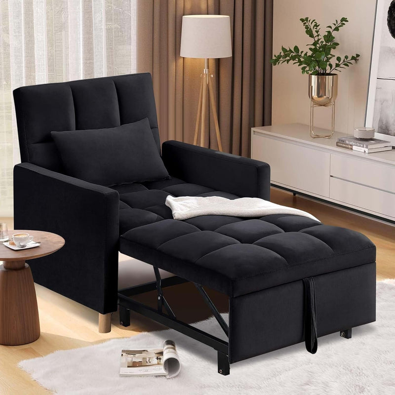 Convertible Sleeper Sofa Chair 3 in 1 Multi-Function Folding Ottoman Couch, Sigle Pull-Out Bed with Adjustable Backrest and Pillow for Living Room Apartment Office, Black