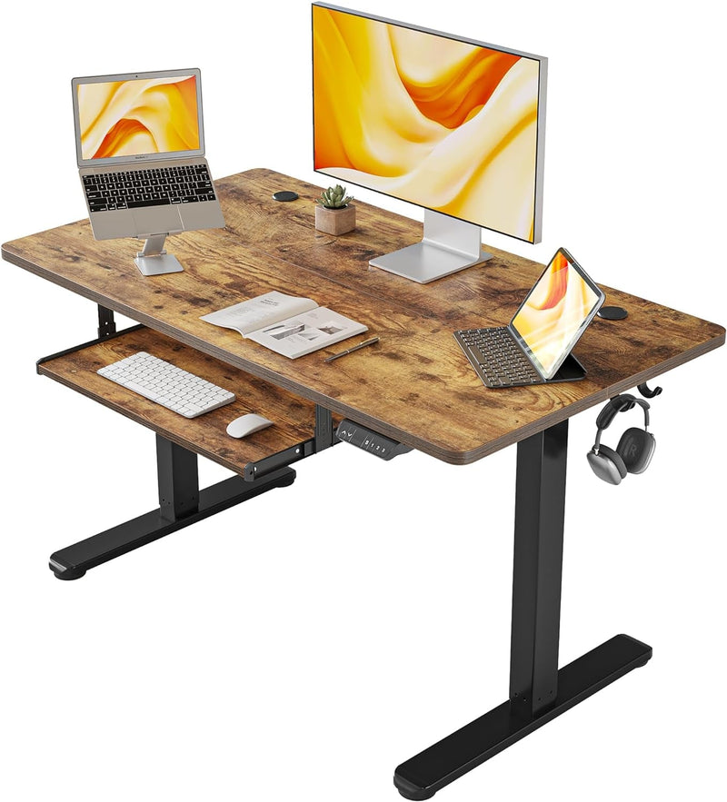 FEZIBO Standing Desk with Keyboard Tray, 55 × 24 Inches Electric Height Adjustable Desk, Sit Stand up Desk, Computer Office Desk, Rustic Brown