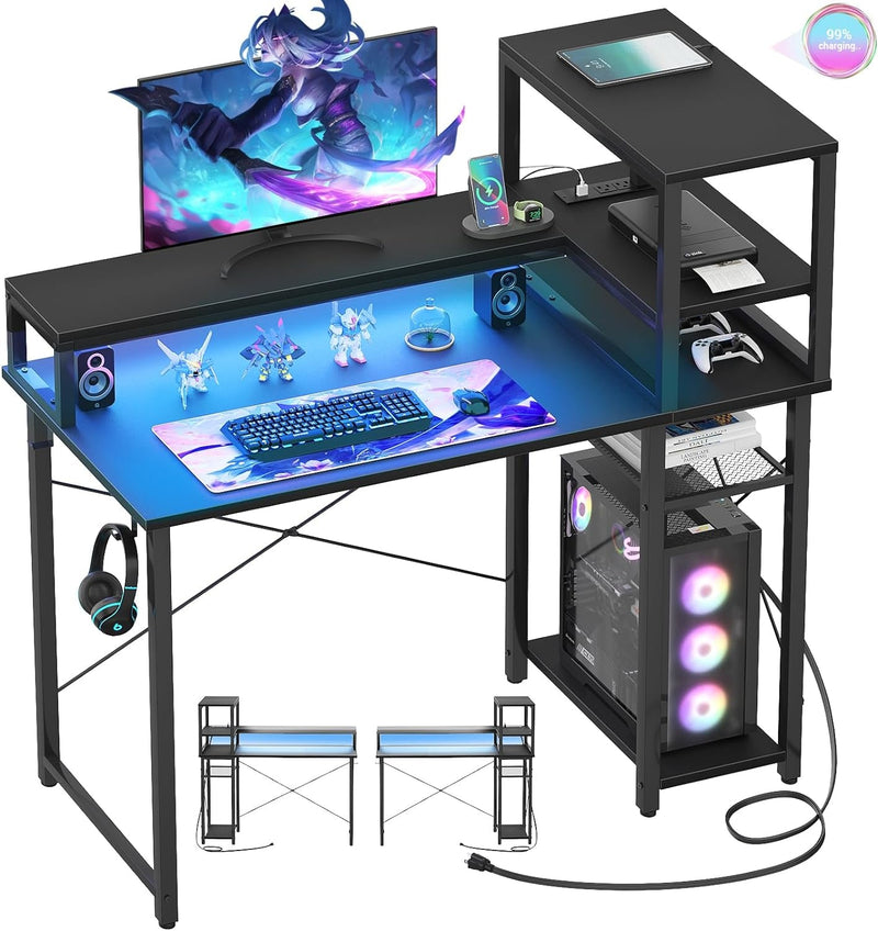 Bureau de jeu Cylysio 39", bureau d'ordinateur avec étagères de rangement réversibles, bureau à domicile avec prises de courant et lumières LED RVB, petit bureau pour jouer, étudier, travailler, noir