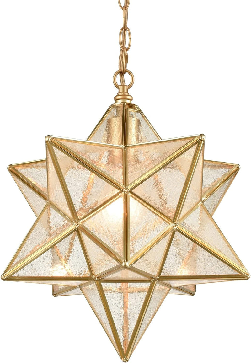 DAYCENT Brass Moravian Star Pendant Lighting Seeded Glass Pendant Lights 13 1/2 Inches