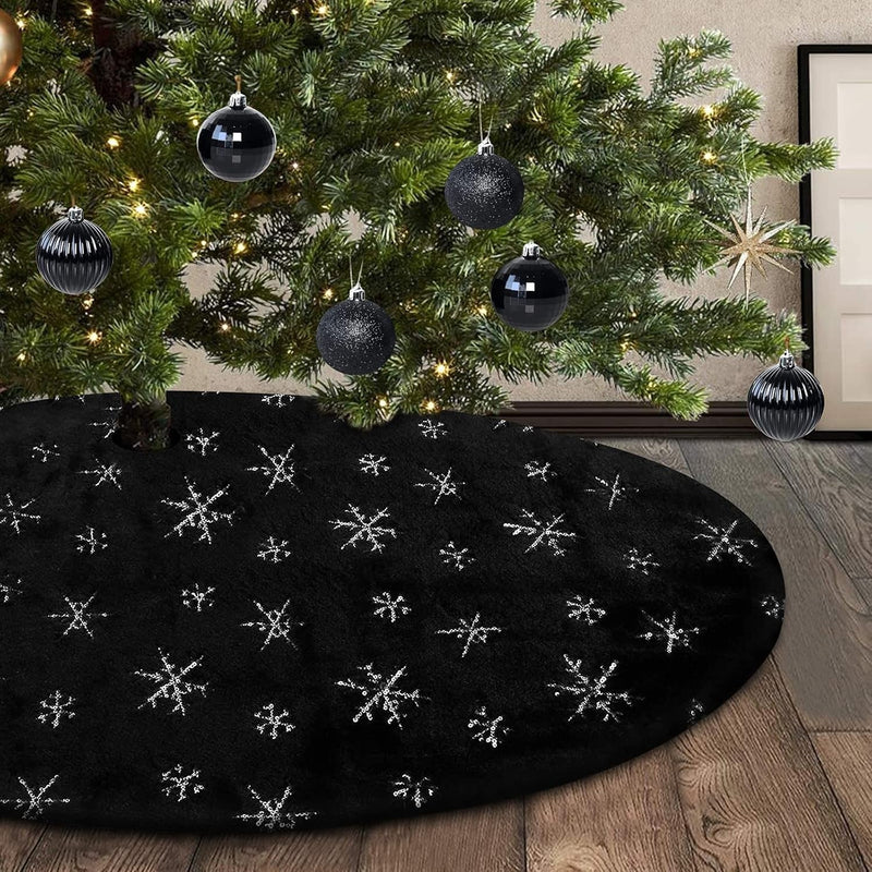 Black Christmas Tree Skirt,48 Inches Black Faux Fur with Silver Sequin Snowflakes Tree Rug Xmas Tree Mat for Holiday Winter New Year House Christmas Decorations