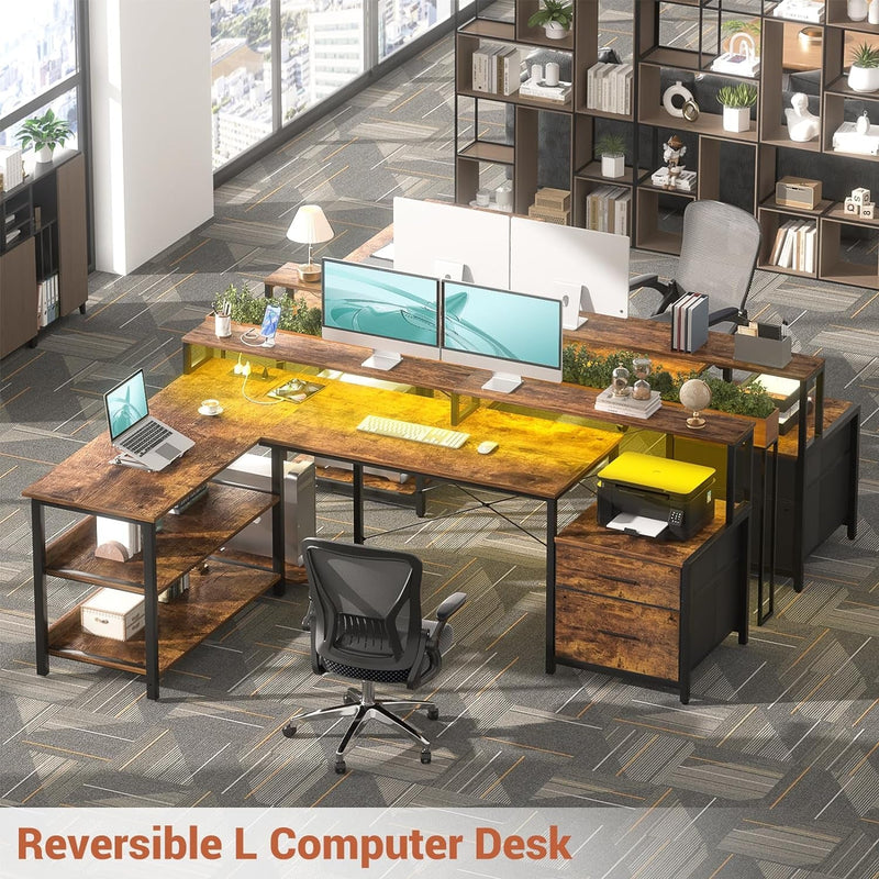 Aheaplus L Shaped Desk with File Drawer, 66" Reversible L Shaped Computer Desk with Power Outlet & LED Strip, Gaming Desk with Monitor Stand, Office Desk Corner Desk with Storage Shelf, Rustic Brown