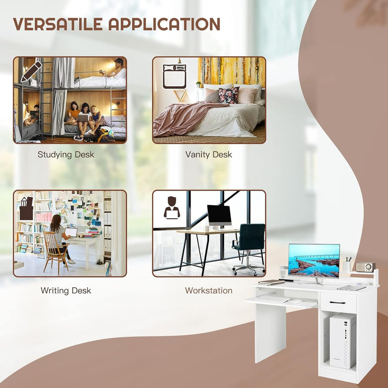 COSTWAY Computer Desk with Hutch, Home Office Desk with Drawer, Adjustable Shelf & Keyboard Tray, Study Writing Desk, Executive Workstation for Living Room, Bedroom & Study (White)