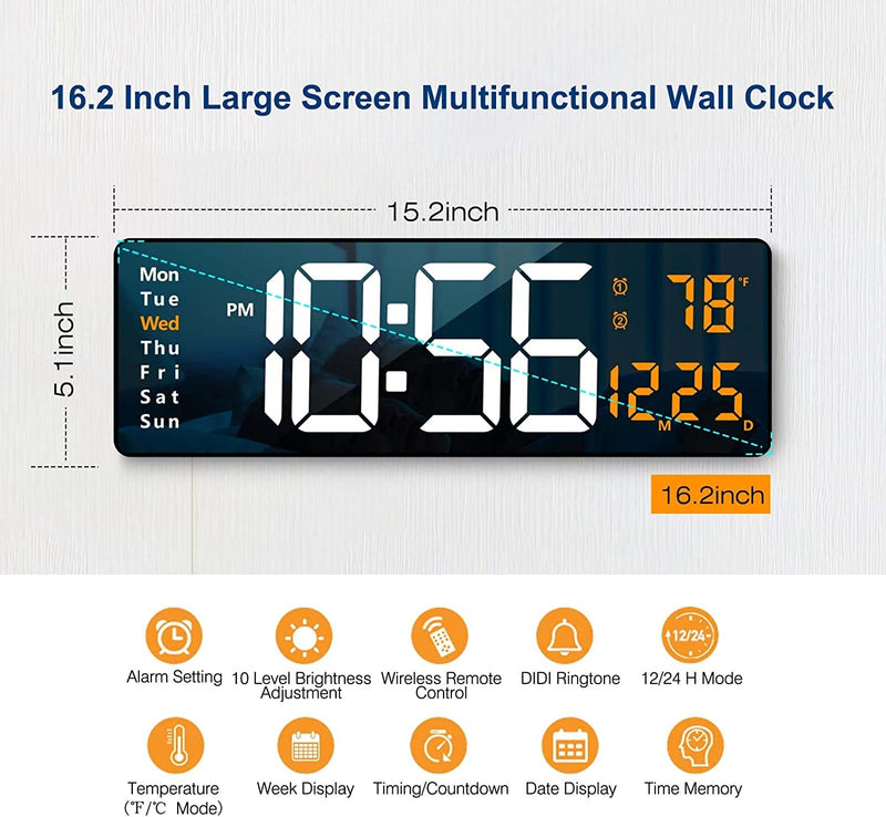 Digital Wall Clock Large Display, 16.2 Inch , LED Digital Clock with Remote Control for Living Room Decor, Automatic Brightness Dimmer with Date Week Temperature (Orange)