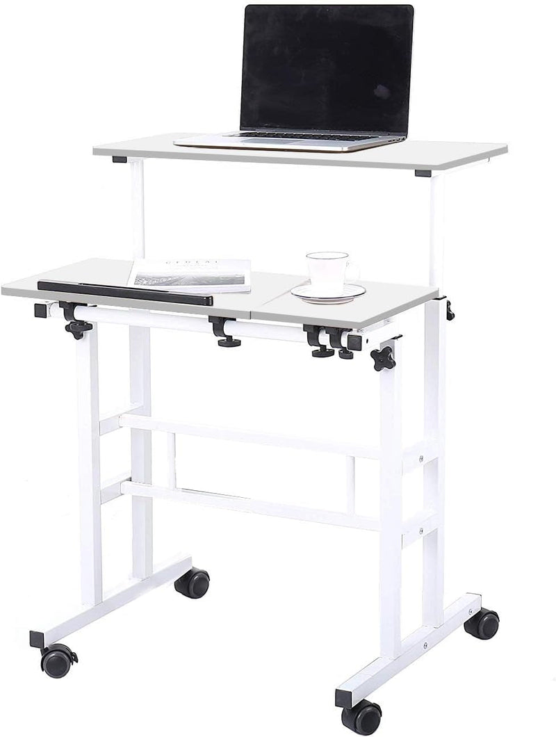 Dlandhome Adjustable Rolling Desk Standing Desk, Sit-Stand Desk Cart Mobile Computer Desk Stand up Desk Office Desk Riser Standing Table Workstation Mobile Desk, White