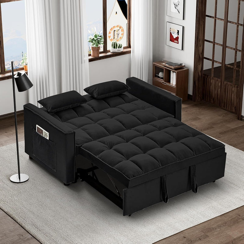3 in 1 Convertible Sleeper Sofa Couch with Pullout Bed, Loveseat Sofa with Storage and Pillows, Modern 2 Seater Futon Couch Bed for RV, Living Room, Bedroom and Small Space, Jet Black Velvet