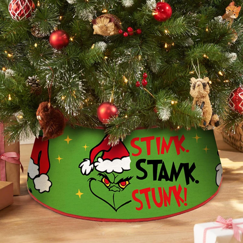 Green Christmas Tree Skirt Collar, Stink Stank Stunk Mini Fabric Tree Ring 22 Inch Diameter for Small Xmas Tree 3-6 Ft, Funny Miniature Tree Stand Cover Tiny Home Holiday Party Decoration