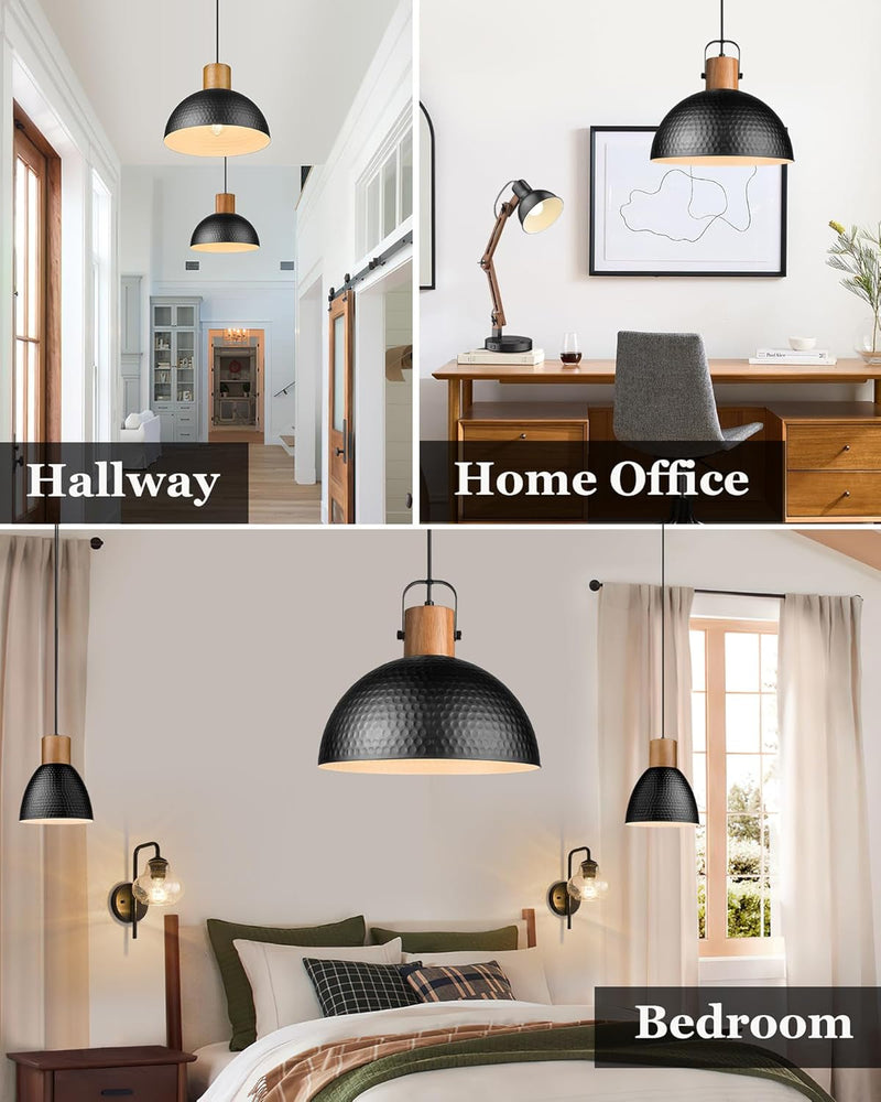 ELYONA Large Pendant Light Fixtures, 16 Inch Wood Dome Ceiling Hanging Lamp with Hammered Metal Shade, Black Modern Chandelier for Kitchen Island, Bar, Farmhouse, Dining Room, Hallway