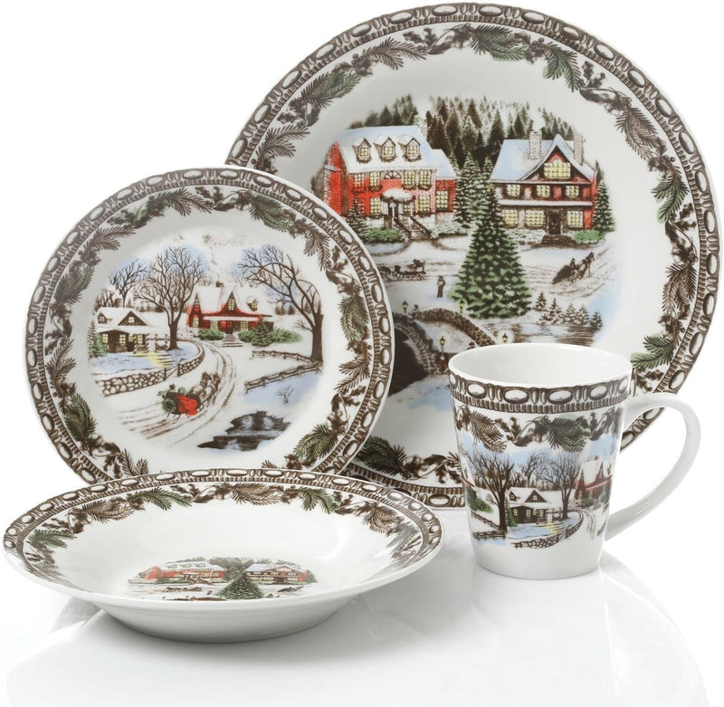 Gibson Home Christmas Toile 16 Piece Dinnerware Set, Multicolor -