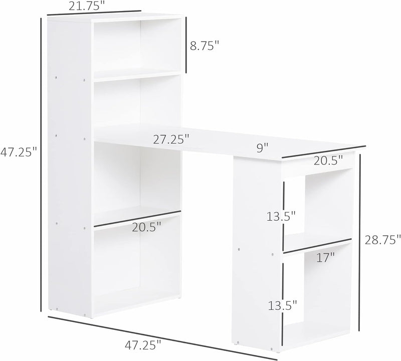 HOMCOM Modern Home Office Desk with 6-Tier Storage Shelves, 47" Writing Table with Bookshelf, White