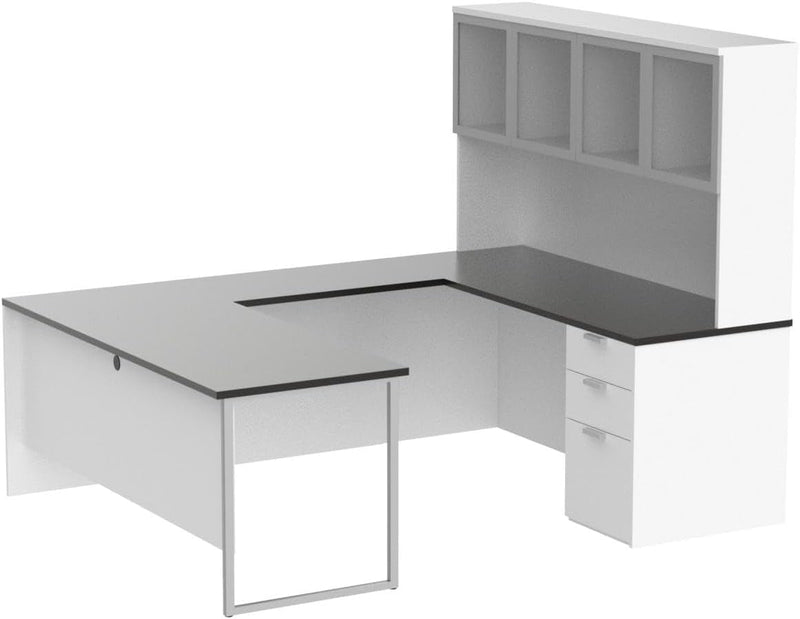 Bestar Pro-Concept plus U-Shaped Executive Desk with Pedestal and Frosted Glass Doors Hutch, White & Deep Grey