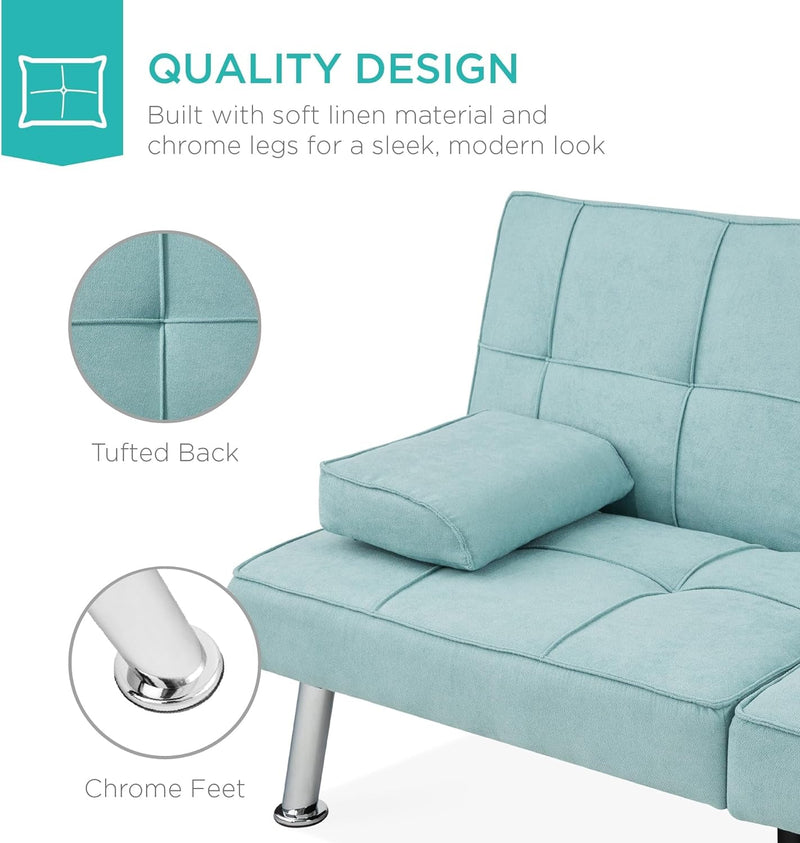 Best Choice Products Linen Modern Folding Futon, Reclining Sofa Bed for Apartment, Dorm W/Removable Armrests, 2 Cupholders - Aqua