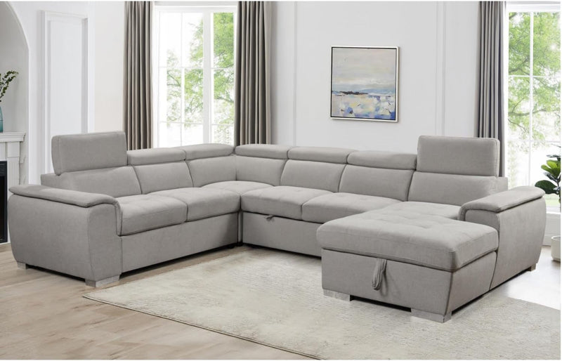 125'' U Shaped Sectional Sleeper Sofa with Pull Out Bed, Storage Chaise Lounge, and Adjustable Headrest, Oversized Sectional Couches for Living Room - Belfast Light Grey