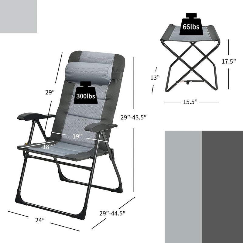 Giantex Set of 2 Patio Dining Chairs with Footstools, Folding Recliner Chairs with 7-Position Adjustable Backrest, Headrest, Mesh Bag, Outdoor Portable Lounge Chairs for Poolside Backyard, Grey