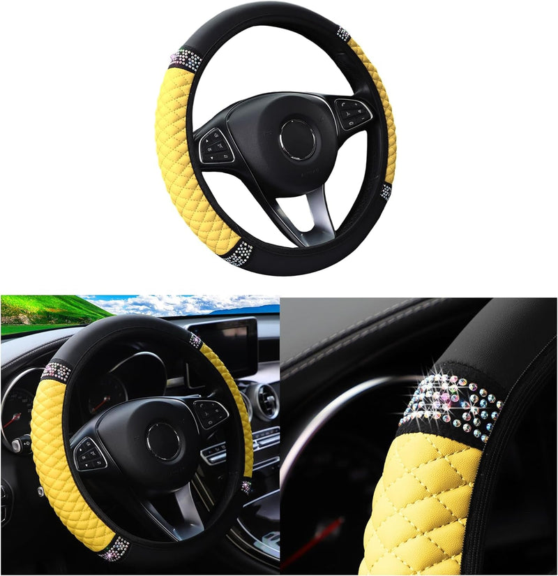 Bling Car Steering Wheel Cover, 15 Inch Rhinestones Soft Leather Elastic Steering Wheel Protector, Sparkly Crystal Diamond for Women Girls, Car Interior Accessories for Most Cars (Black)