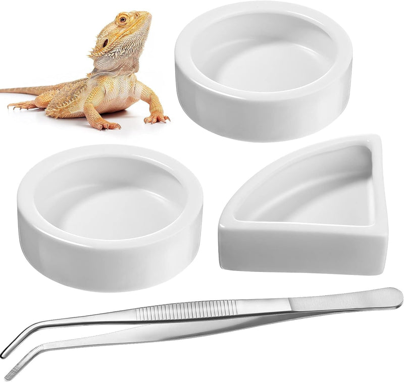 Boao 4 Pcs Reptile Food Water Bowl Set, 2 round Reptile Food Dish 1 Corner Water Dish and 1 Feeding Tongs for Bearded Dragon Leopard Gecko Hermit Crab Chameleon Lizard Tortoise Spider Pet