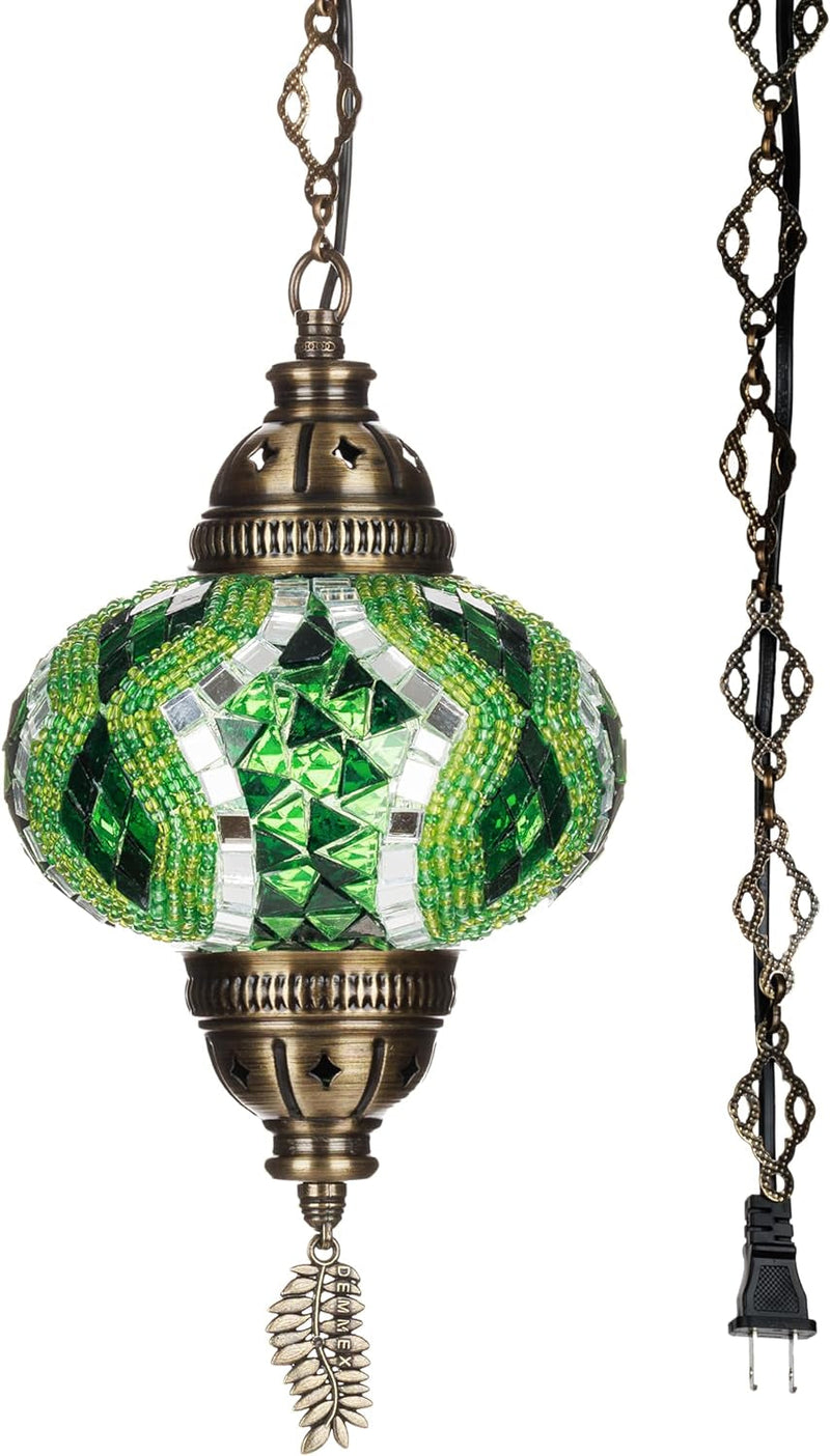 DEMMEX Authentic Turkish Plug in Light, Handmade in Turkey, 6.5" Globe, Turkish Moroccan Mosaic Swag Plug in Ceiling Hanging Pendant Light Fixture, 15Ft Cord & Decorated Chain (Green)