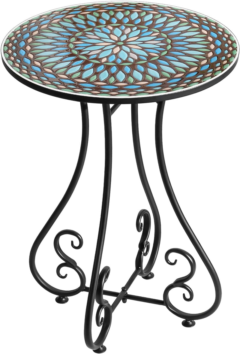 14" Outdoor Side Table, Scrollwork Accent round End Table, Unique Relief Ceramic Tile Tabletop with Metal Frame, Coffee Tea Table Nightstand for Living Room, Bedroom