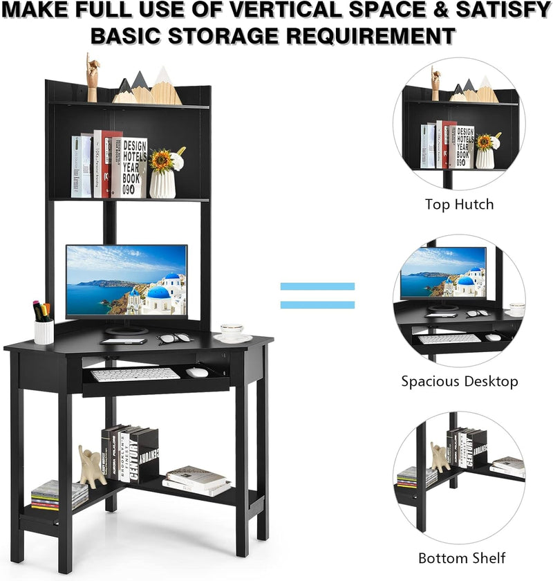 COSTWAY Corner Desk with Hutch, Compact Corner Computer Desk, Study and Writing Table with Keyboard Tray & Bottom Shelves, Space-Saving Laptop PC Desk for Small Space, Home, Bedroom, Apartment (Black)