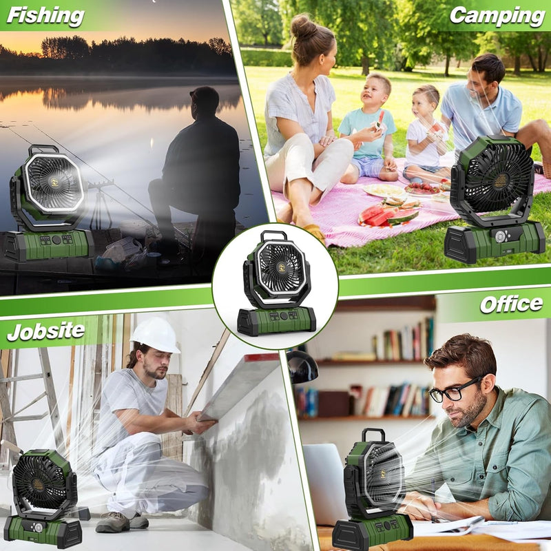 20000Mah Rechargeable Portable Camping Fan, USB Battery Operated Powered Shaking Head Fan with LED Lantern, 4 Speed 4 Timing Outdoor Tent Fan for Camping with Remote & Hook for Fishing,Travel, Jobsite
