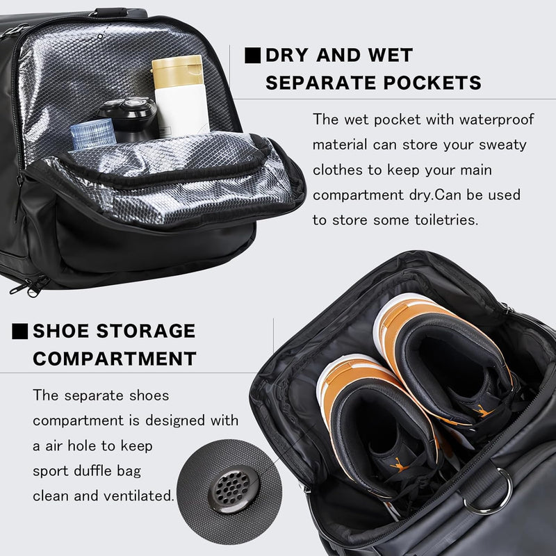 40L Travel Duffle Bag, 4-In-1 Large Gym Bag with Shoe & Wet Clothes and Laptop Compartments, Black