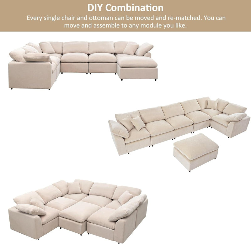 129.3" Oversized Modular Sectional Sofa, U Shaped Couch with Movable Ottoman, Large 7 Seater Corner Sofa for Living Room, Office, Spacious Space, Beige
