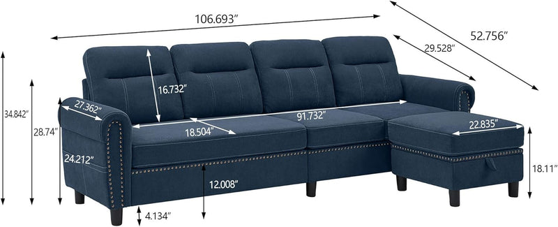 106" Convertible Sectional Sofa, 4-Seat L Shaped Couch with Storage Chaise and Side Pocket, Modern Linen Upholstered Couches for Living Room, Blue