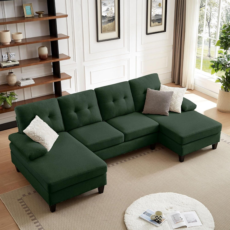 111" Sectional Couch for Living Room, Modern Polyester Fibre U Shaped Sofa Couches with Double Chaise, Upholstered 4 Seater Sofa for Living Room, Apartment, Office, Dark Green
